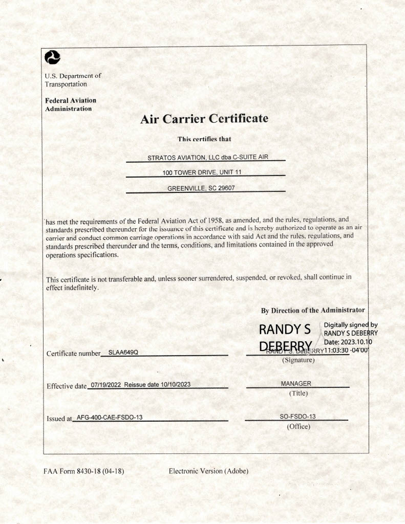 FAA Air Charter Certificate